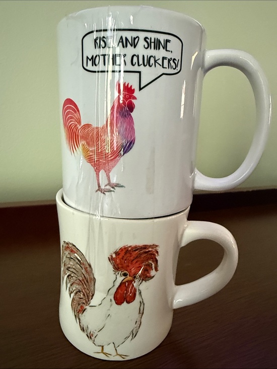 Little studio Other - Two White Ceramic Rooster Mugs, Two Sided Print, Rise and Shine Mother Cluckers